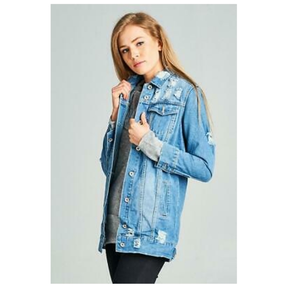 Distressed Long Denim Jacket - image 1